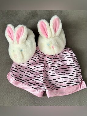 Build A Bear Pink Satin Shorts with White Fuzzy Bunny Slippers Lot
